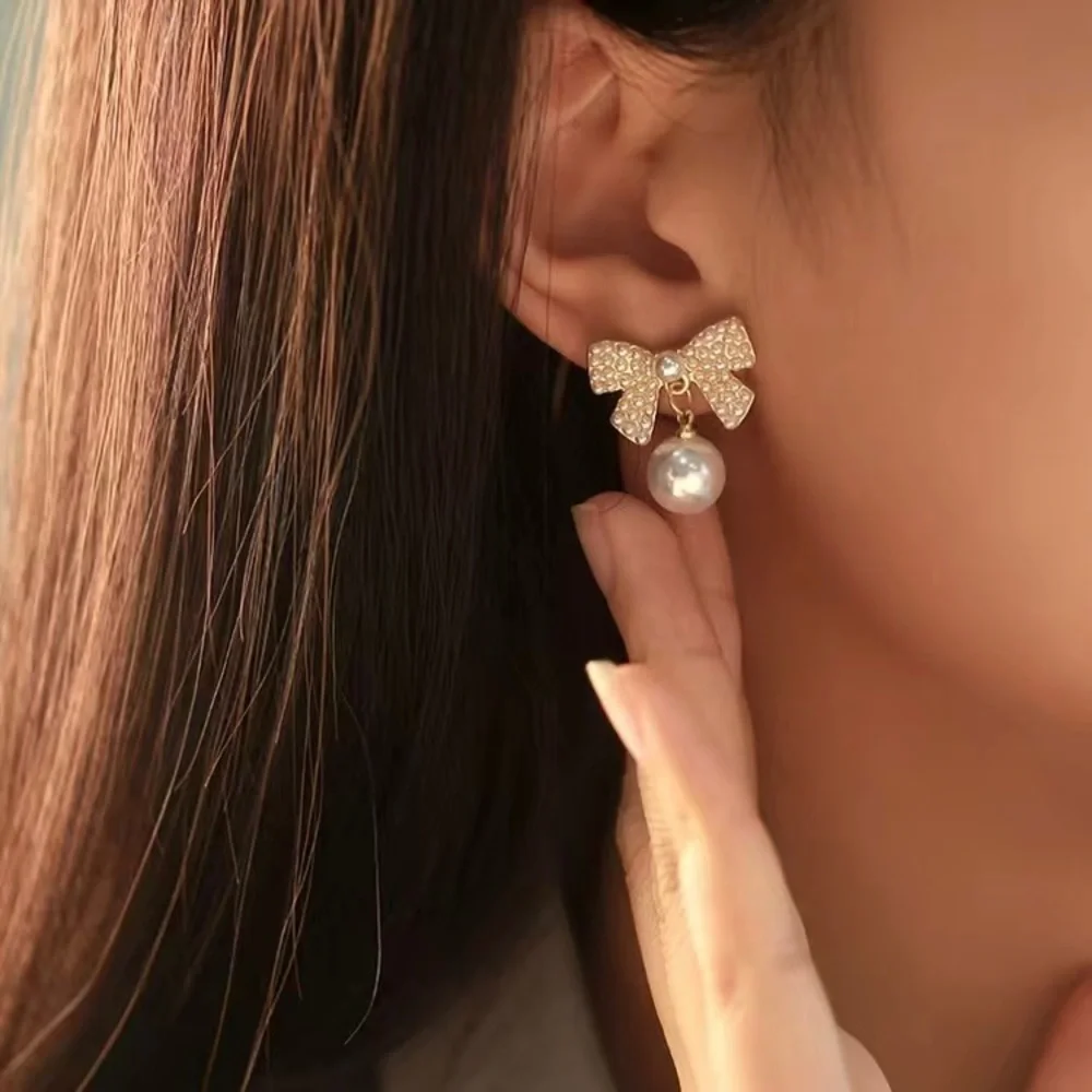 White Bow Coquette Faux Pearl Formal Prom Cocktail Earrings Wedding Jewelry